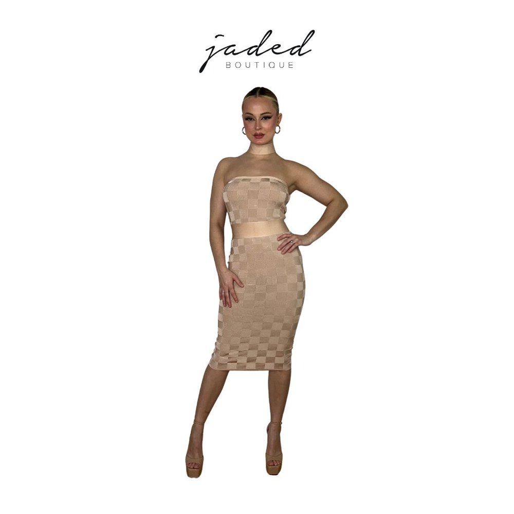 3 Piece Nude Checkered Dress